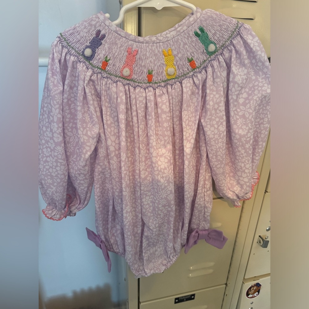 The Smocked Flamingo -  Easter Bunny Purple Floral Bishop Bubble Romper